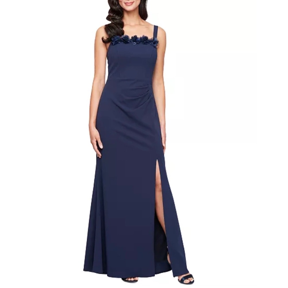 Alex Evenings Women's Blue Rosette Trim Ruched Sleeveless Cocktail Gown Size 8